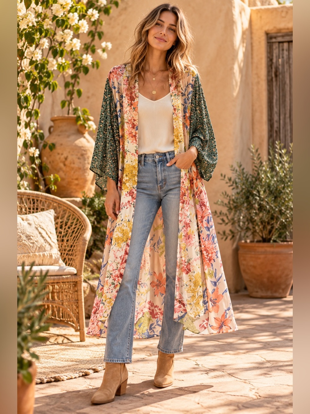 Umgee Floral Patchwork Kimono Duster in Yellow, Pink & Green